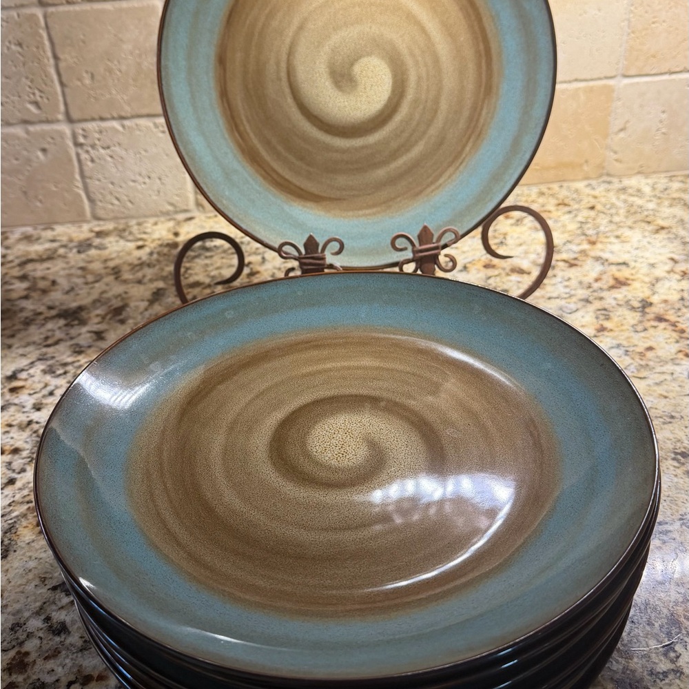 Stoneware Swirl Dinner Plates in Teal and Brown - Set of 8